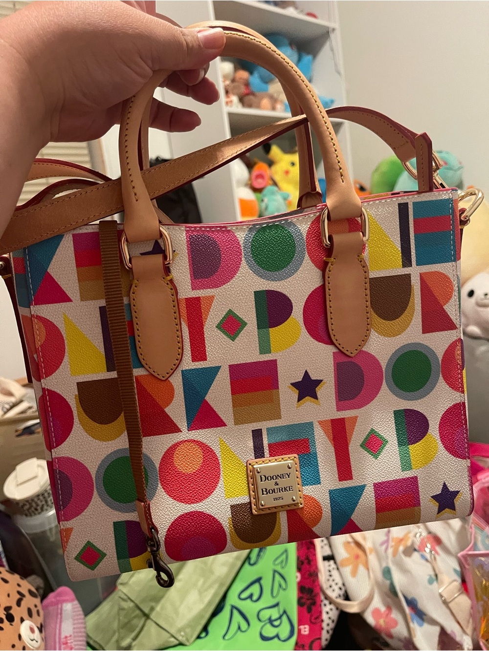 Dooney & Bourke Multicolor Logo Print Satchel with Tan Leather Trim